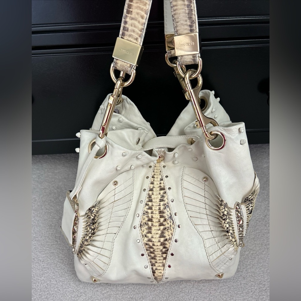 ❗️SOLD❗️ Jimmy Choo Lohla Jane Hobo Bag Ivory Studded Leather Python Snakeskin - Picture 1 of 9